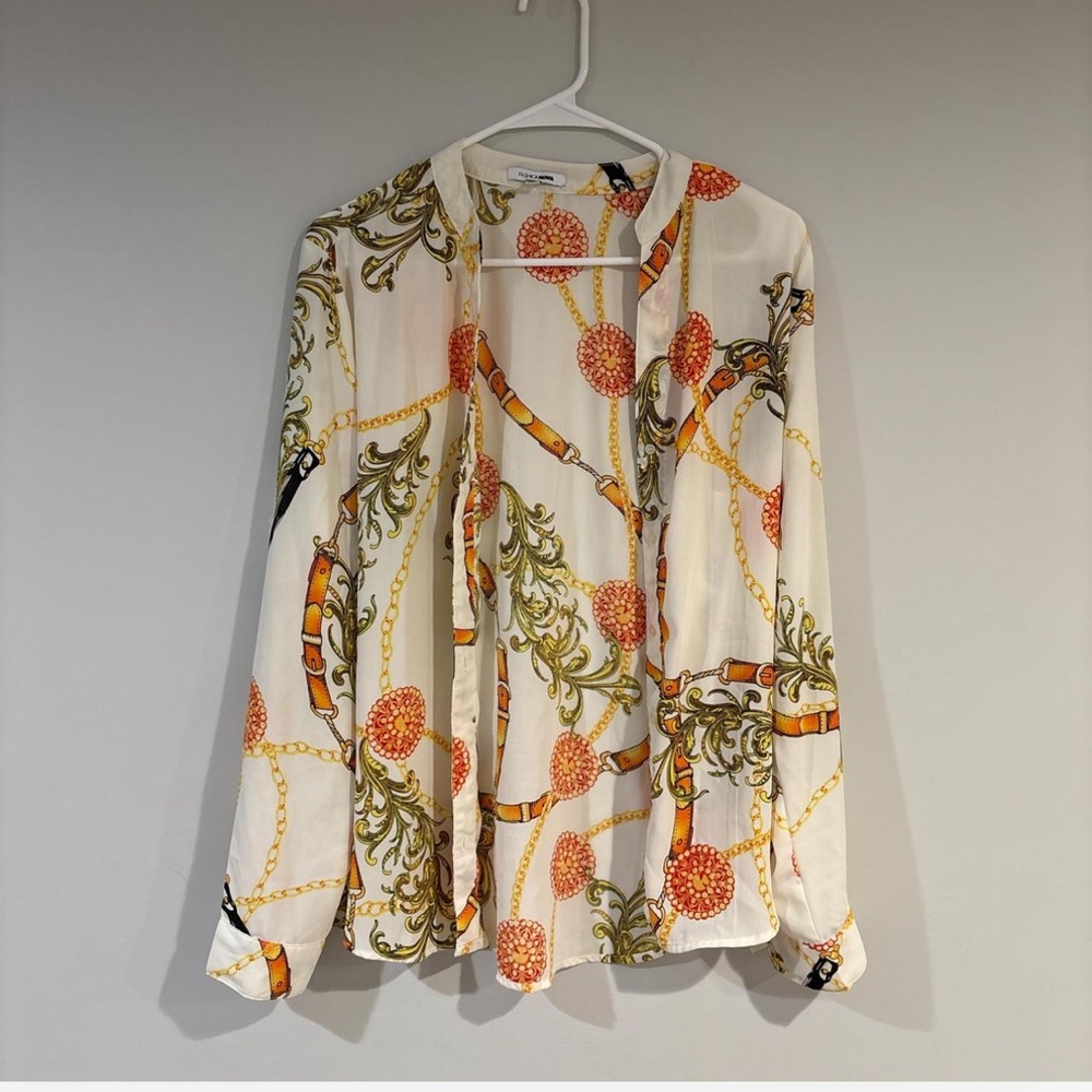 Fashion Nova Chain Print Blouse Size Large Cream Orange Green Baroque Top